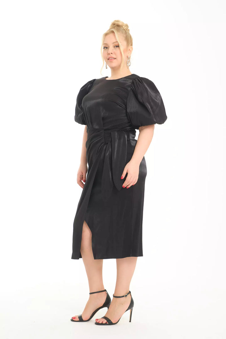 FRV Black plus size satin short sleeve midi dress - Walnut Creek