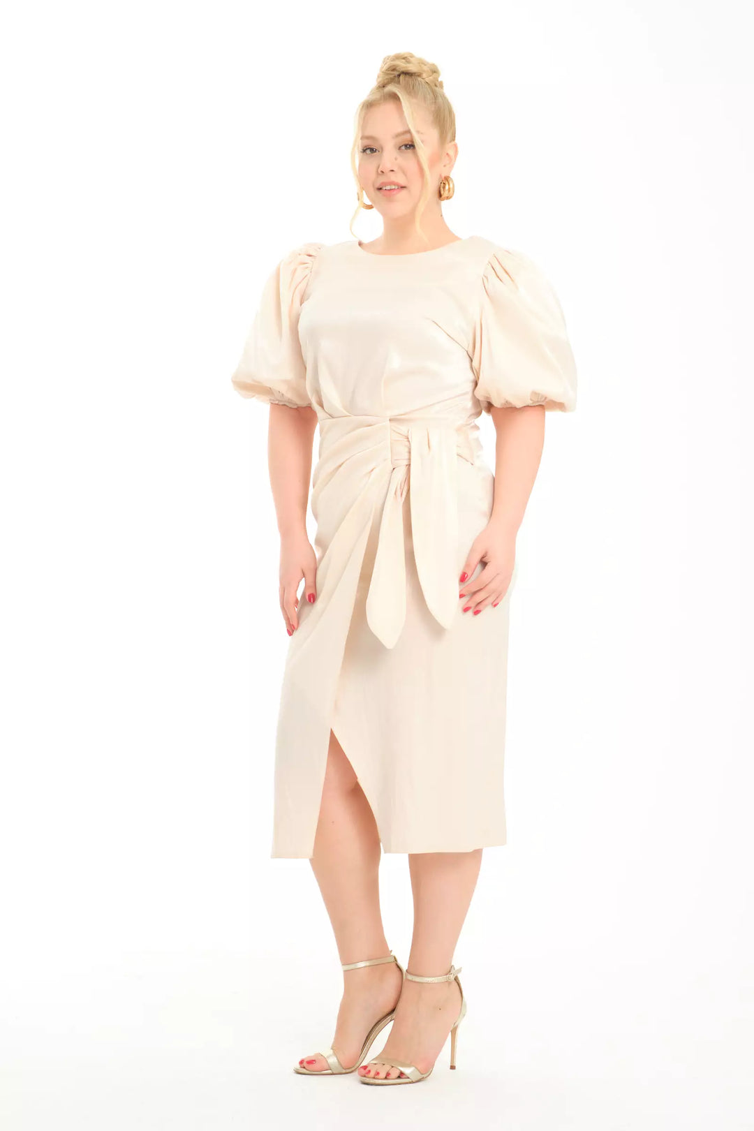 FRV Beige plus size satin short sleeve midi dress - Schwerte