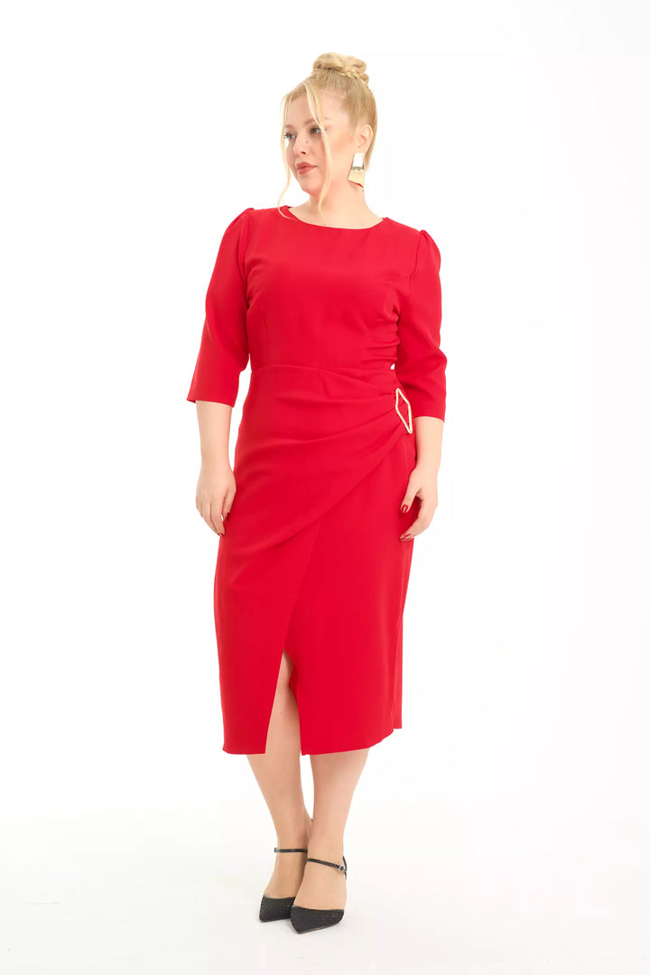 FRV Red plus size crepe 3/4 sleeve midi dress - Senigallia