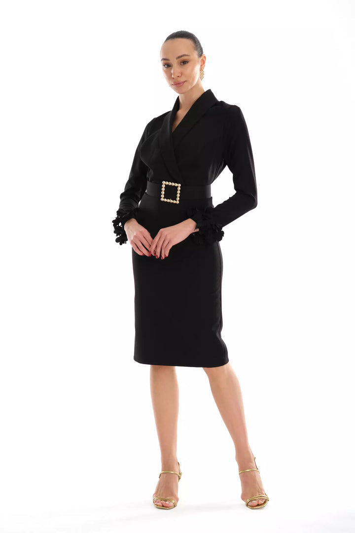 FRV Black crepe long sleeve midi dress - Salamanca