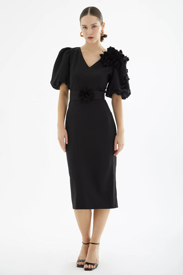 FRV Black crepe short sleeve midi dress - Elche