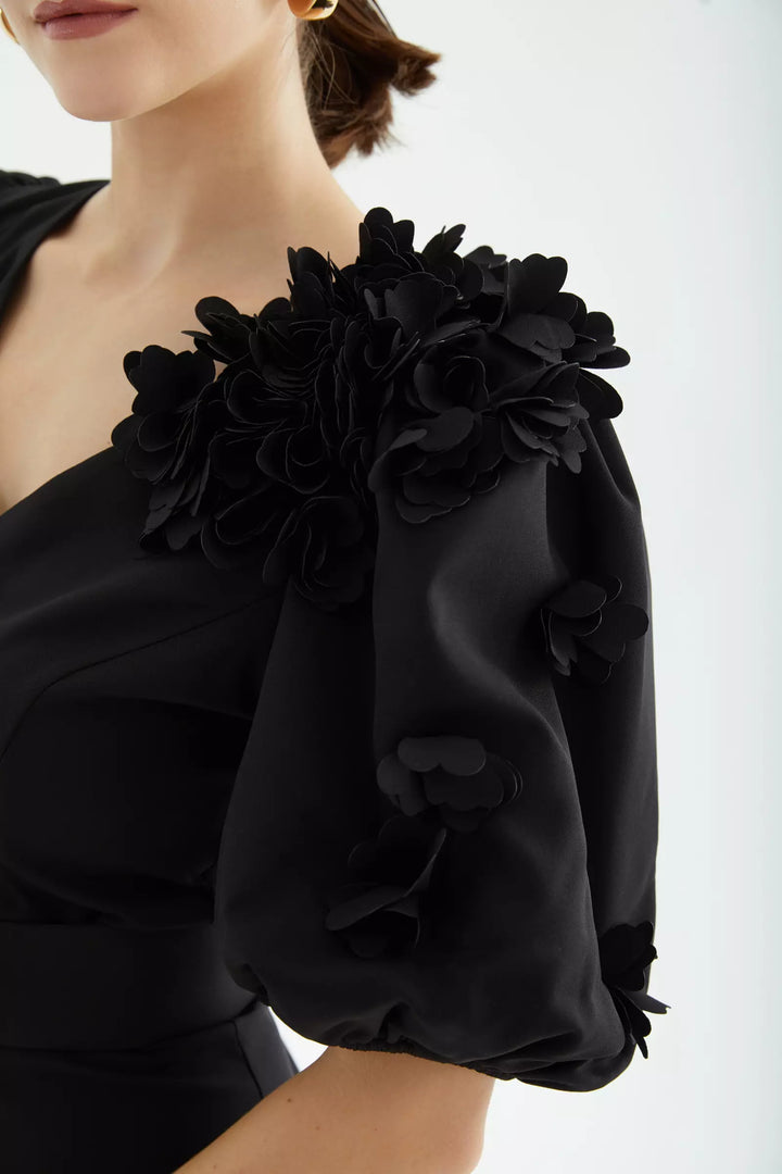 FRV Black crepe short sleeve midi dress - Elche