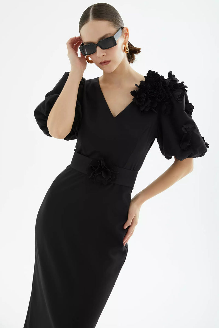 FRV Black crepe short sleeve midi dress - Elche