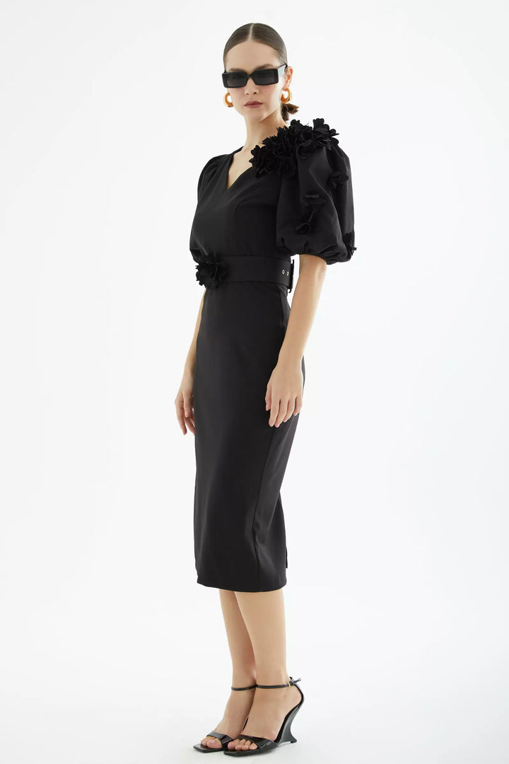 FRV Black crepe short sleeve midi dress - Elche