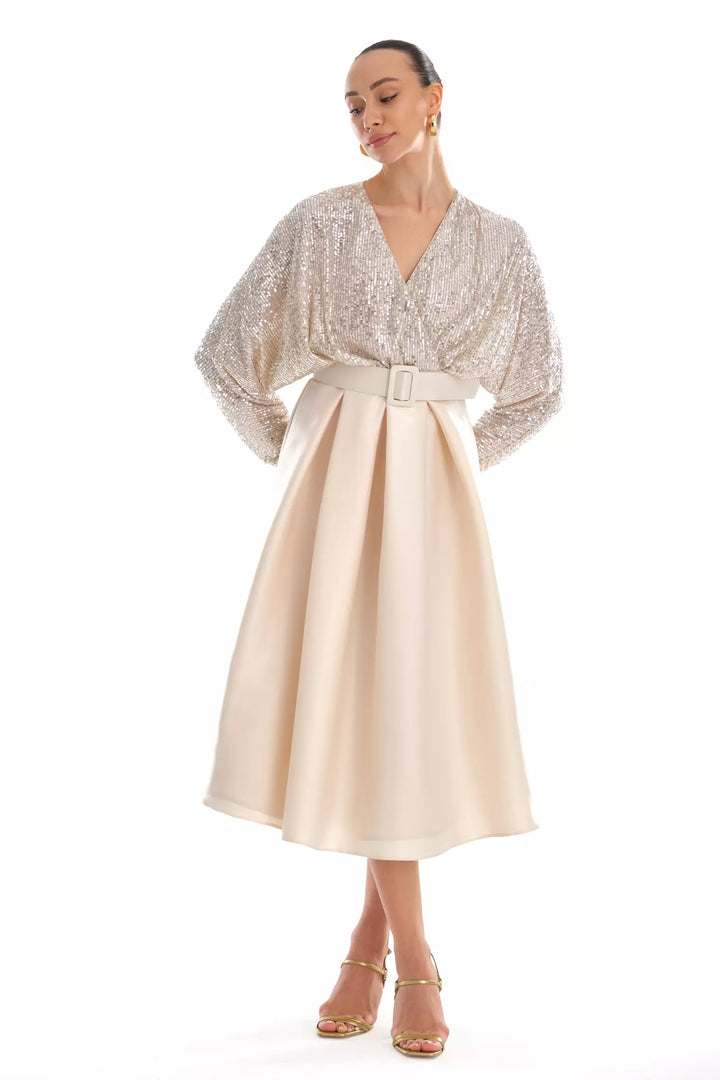 FRV Beige stamp sequins sleeveless midi dress - Apex