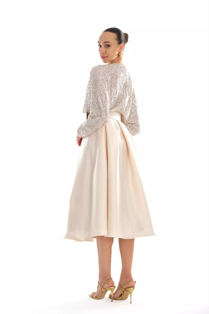 FRV Beige stamp sequins sleeveless midi dress - Apex