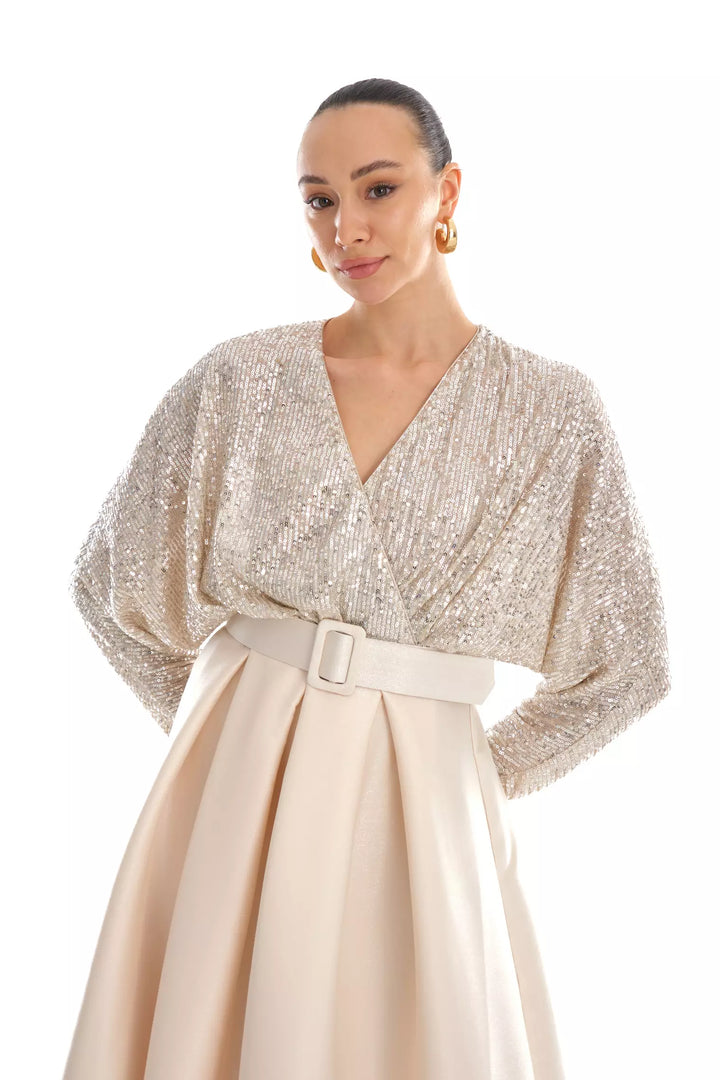 FRV Beige stamp sequins sleeveless midi dress - Apex