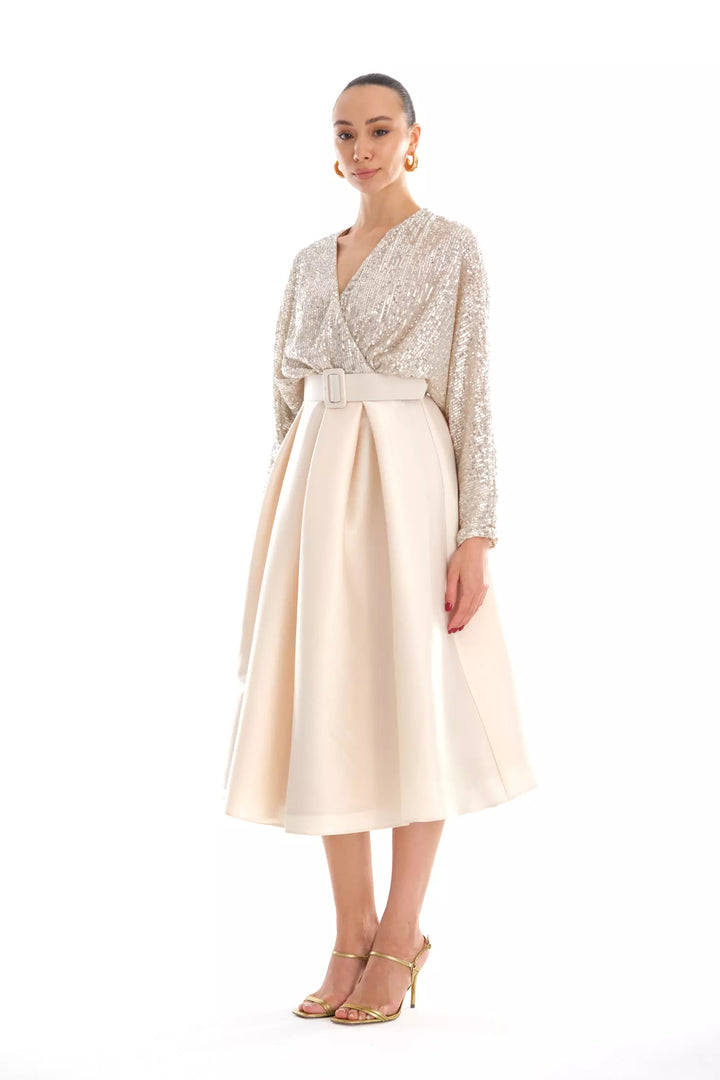FRV Beige stamp sequins sleeveless midi dress - Apex