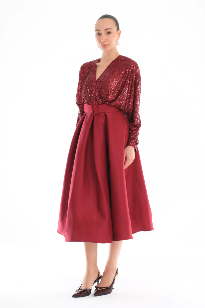 FRV Maroon stamp sequins sleeveless midi dress - Saint John