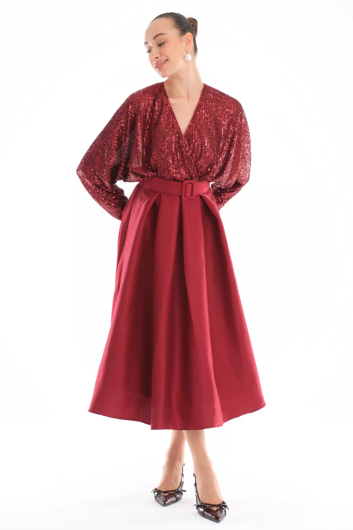 FRV Maroon stamp sequins sleeveless midi dress - Saint John
