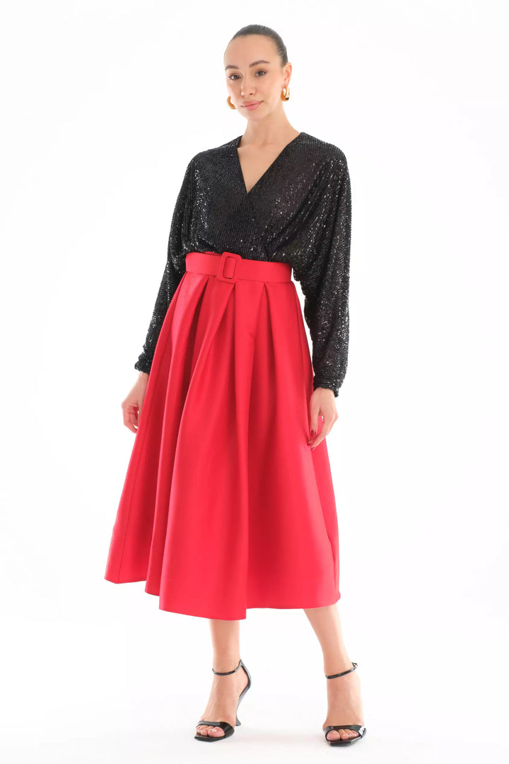 FRV Red stamp sequins sleeveless midi dress - Córdoba