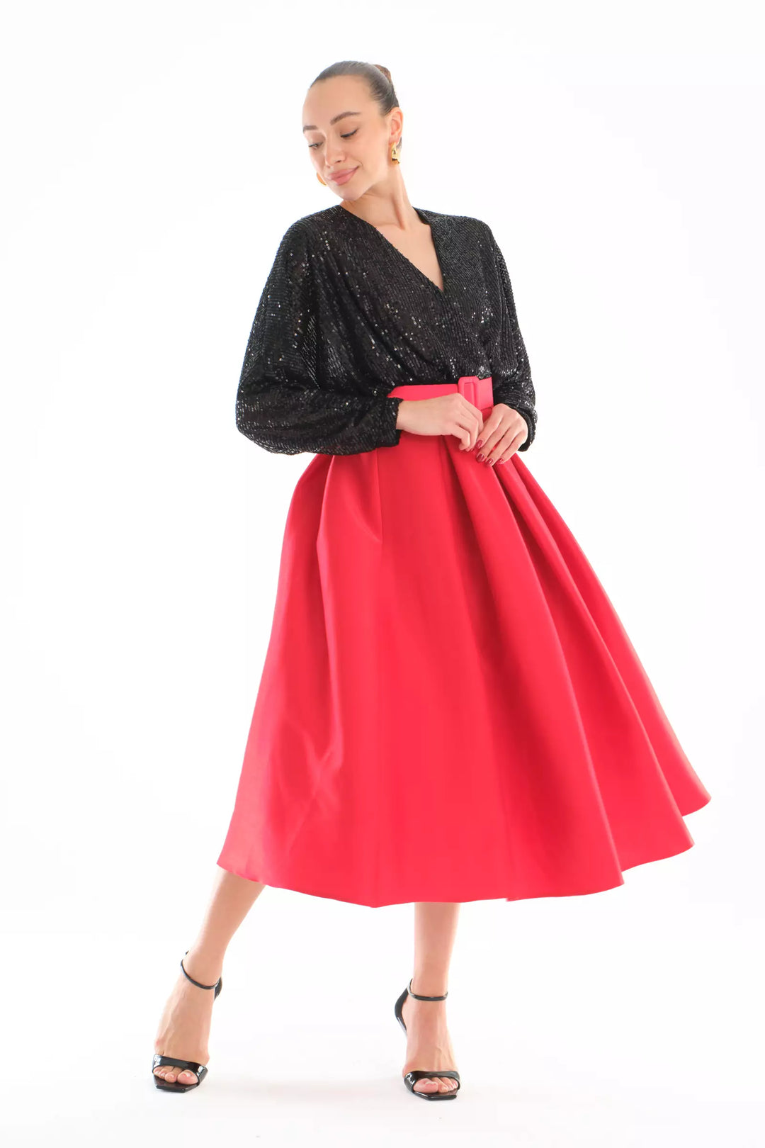 FRV Red stamp sequins sleeveless midi dress - Córdoba