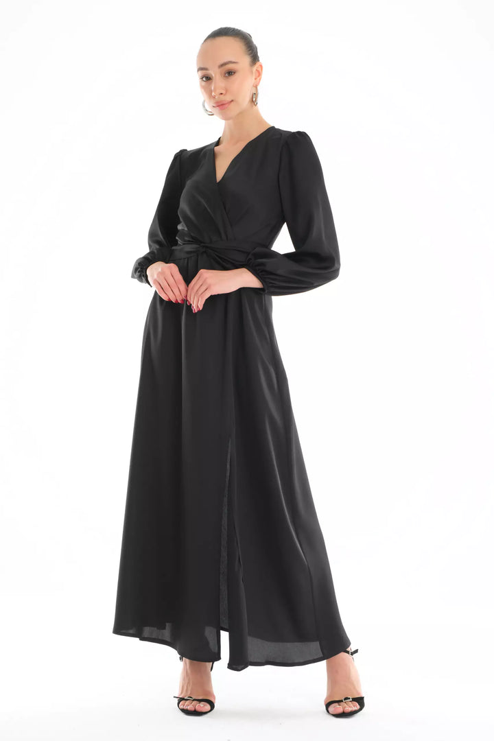 FRV Black satin long sleeve midi dress - Richardson