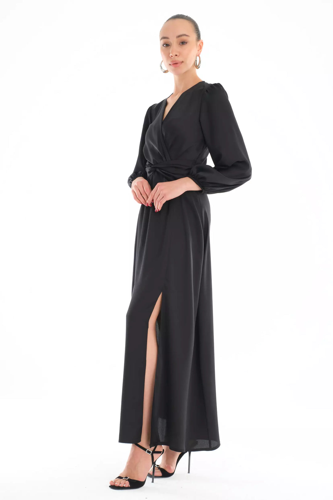 FRV Black satin long sleeve midi dress - Richardson