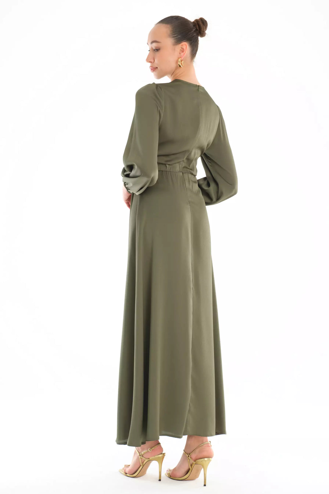 FRV Khaki satin long sleeve midi dress - Eau Claire