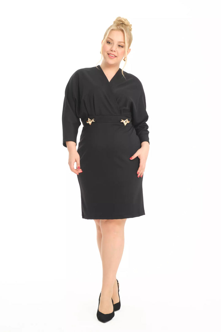 FRV Black plus size knitted 3/4 sleeve mini dress - Sarnia