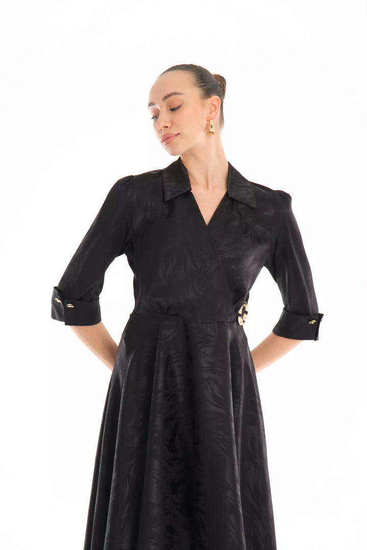 FRV Black satin short sleeve midi dress - Cedar Falls