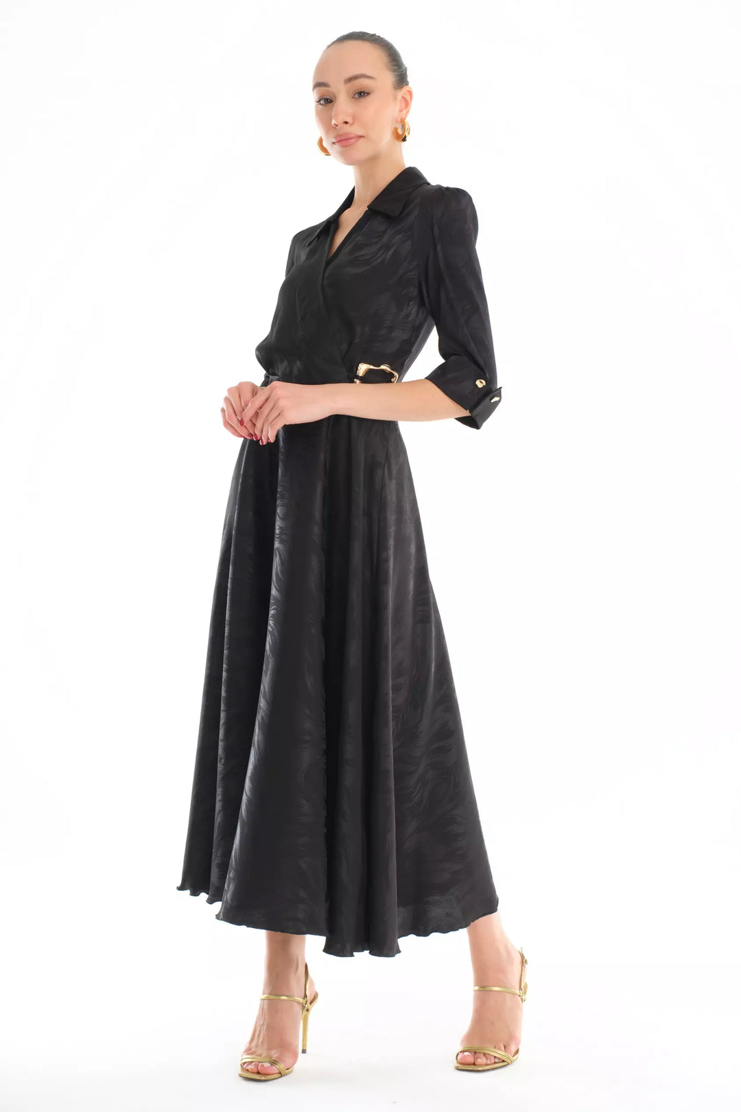 FRV Black satin short sleeve midi dress - Cedar Falls