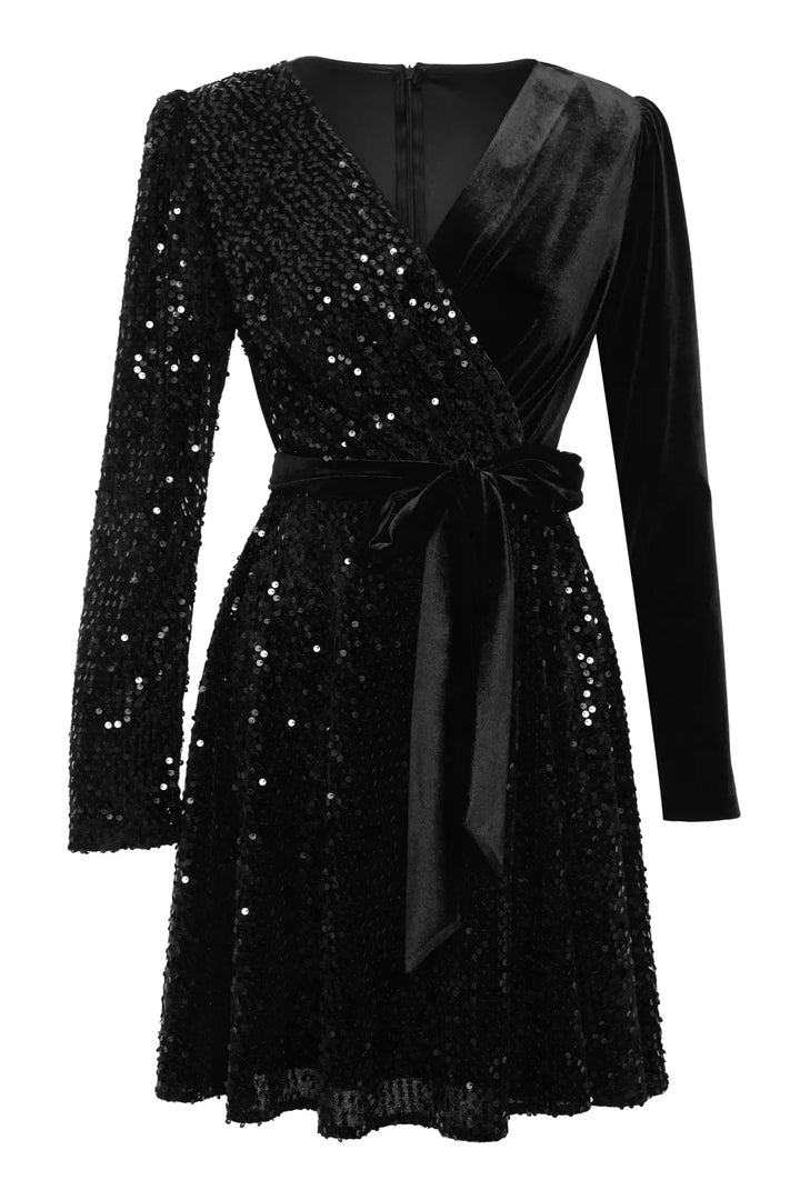 FRV Black velvet long sleeve mini dress - Stendal