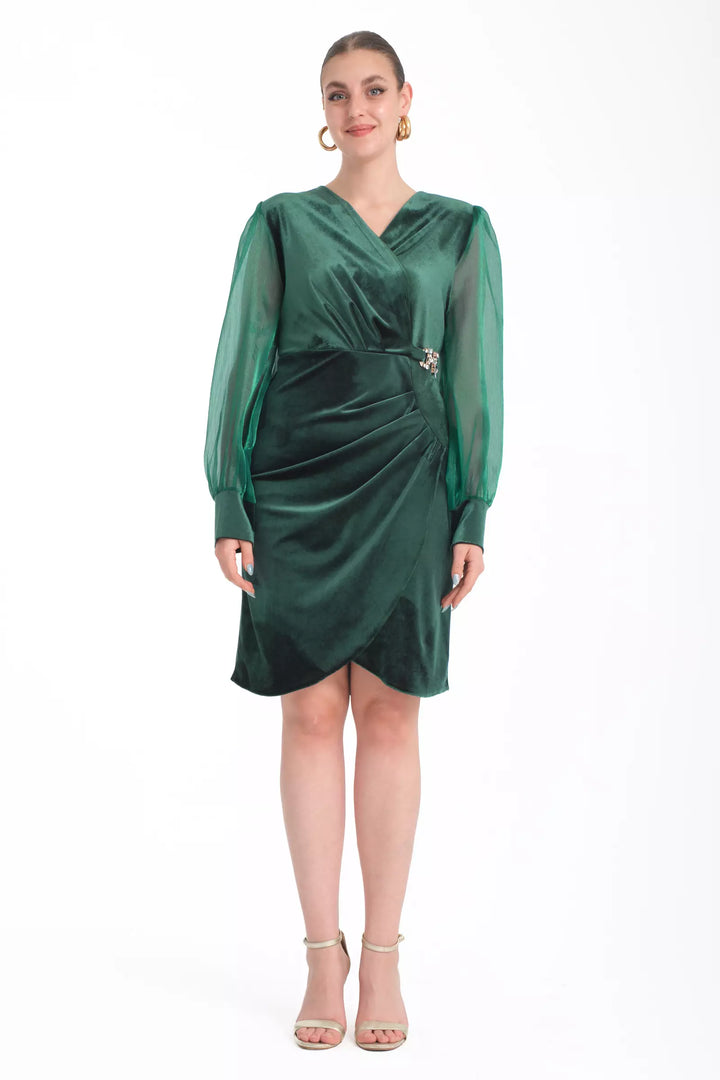 FRV Green plus size velvet long sleeve midi dress - Newbury