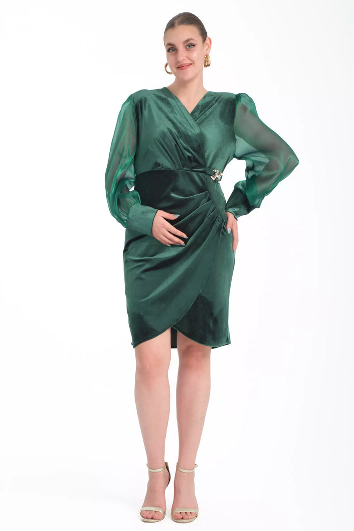 FRV Green plus size velvet long sleeve midi dress - Newbury