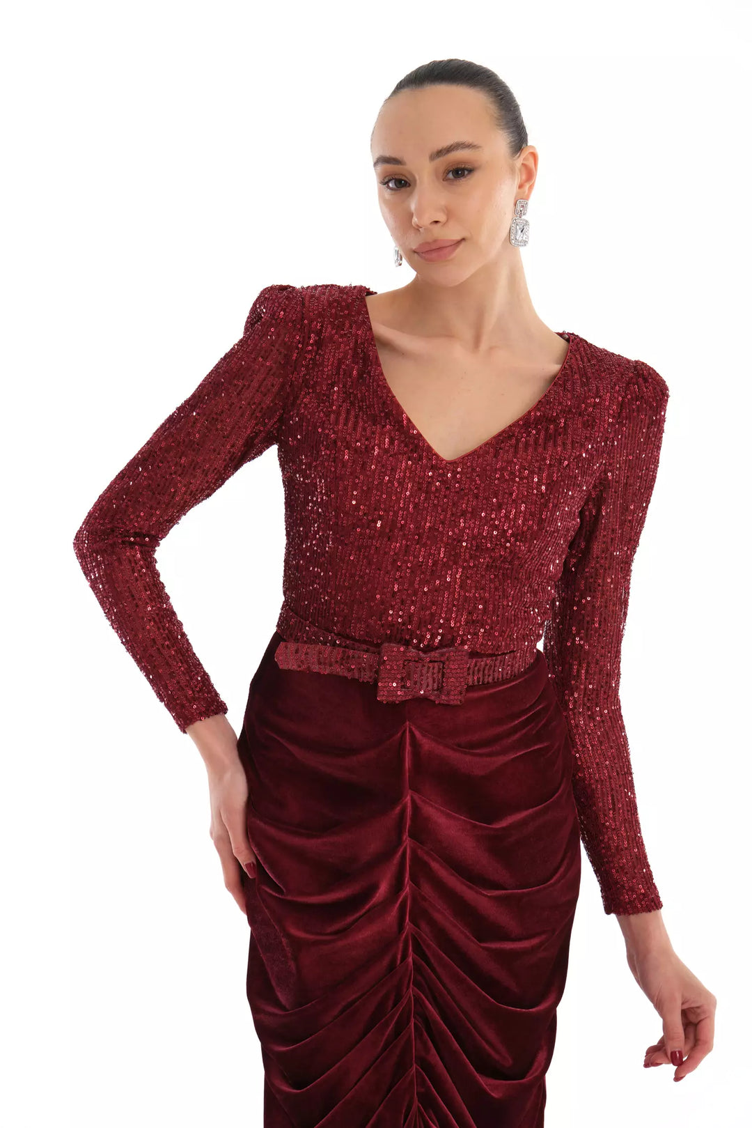 FRV Maroon velvet long sleeve midi dress - Grants Pass