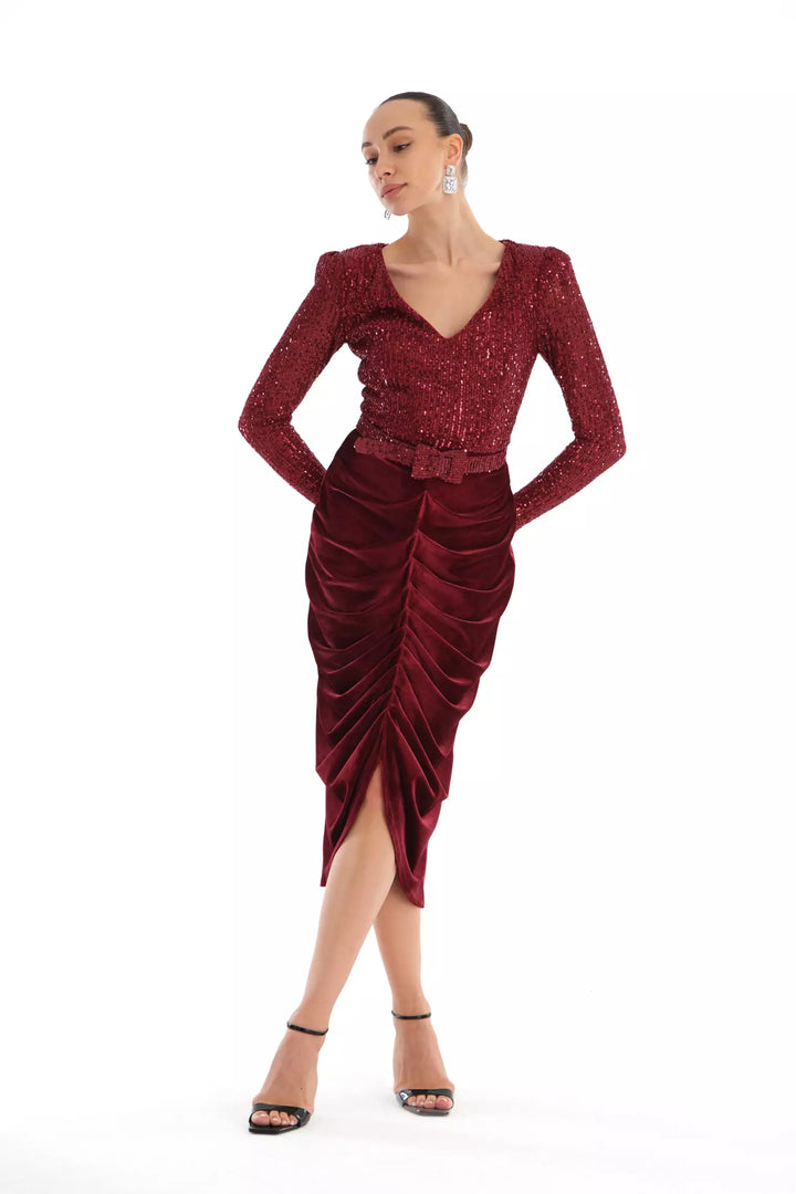 FRV Maroon velvet long sleeve midi dress - Grants Pass