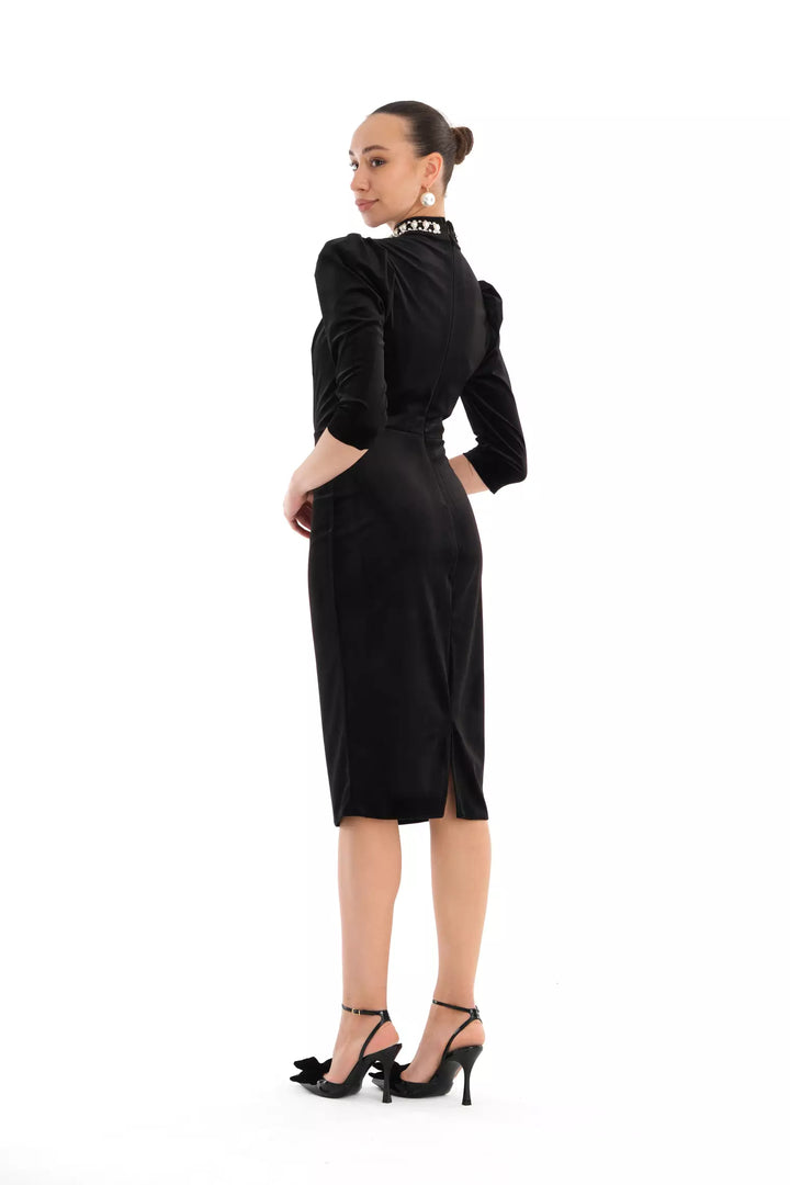 FRV Black velvet 3/4 sleeve midi dress - Nola