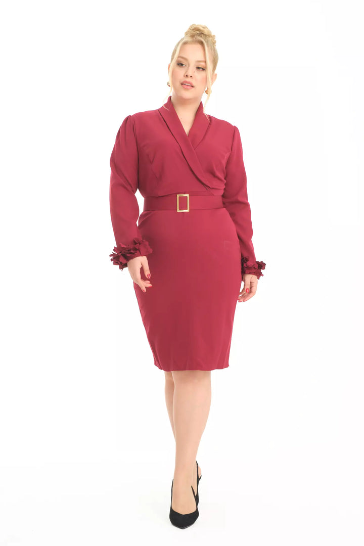 FRV Maroon plus size crepe long sleeve midi dress - Cremona