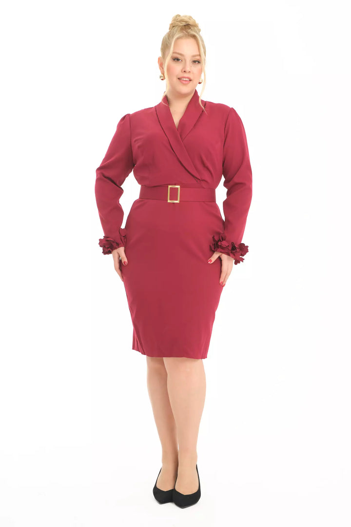 FRV Maroon plus size crepe long sleeve midi dress - Cremona