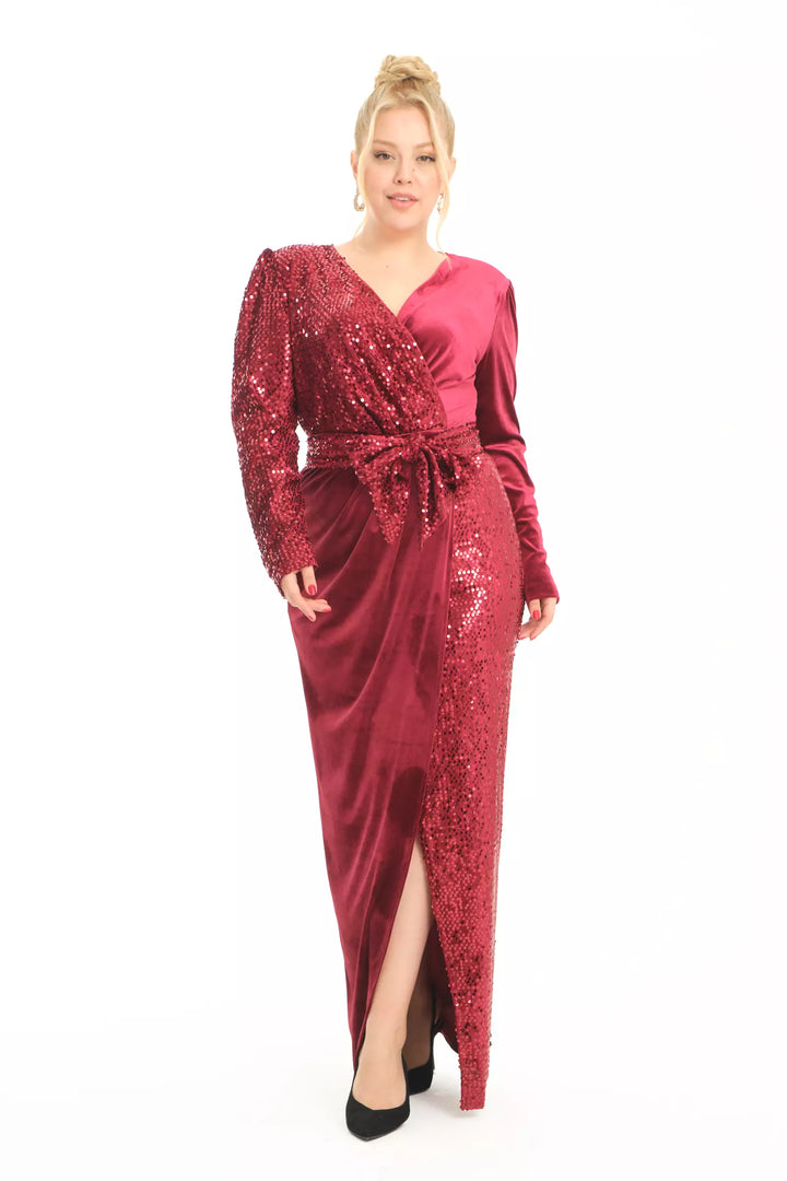 FRV Maroon plus size velvet long sleeve maxi dress - Snizhne