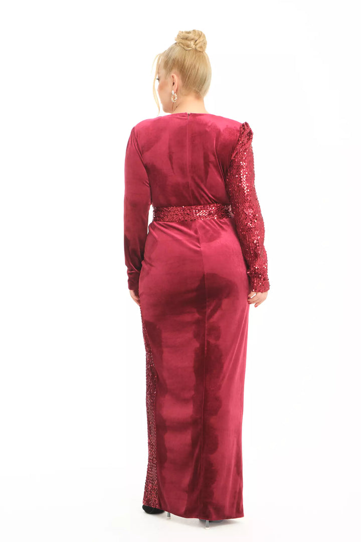 FRV Maroon plus size velvet long sleeve maxi dress - Snizhne