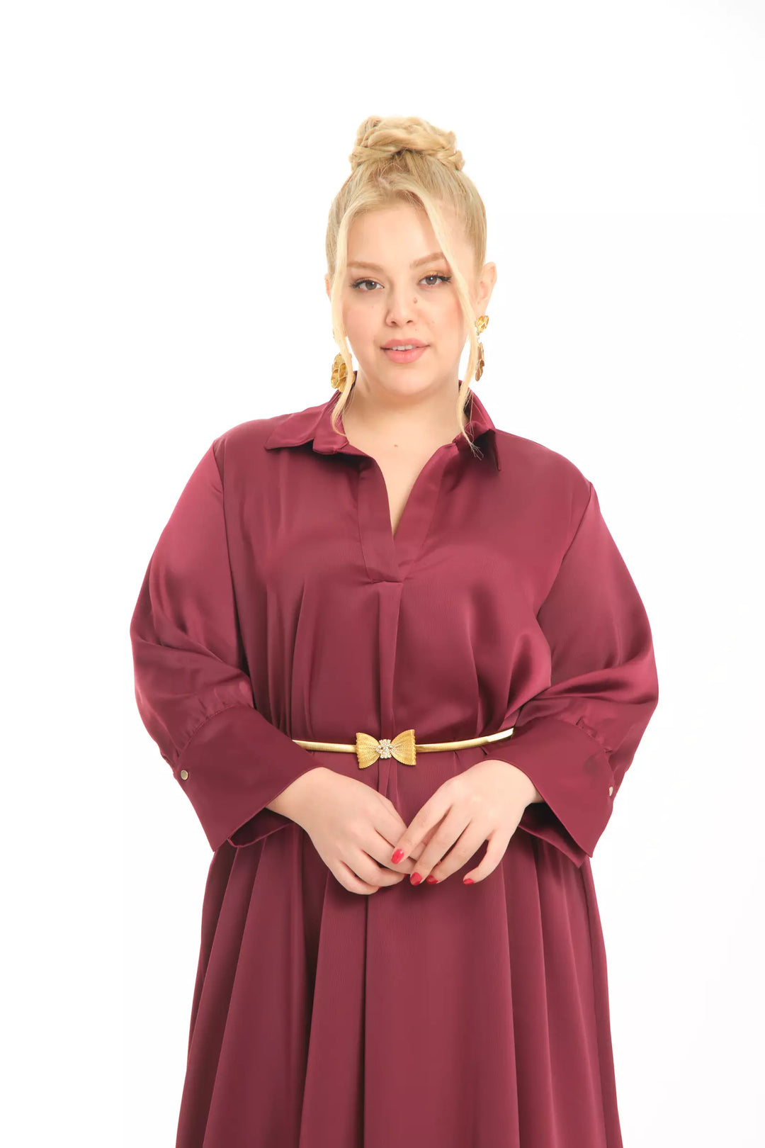 FRV Maroon plus size satin long sleeve midi dress - Puyallup