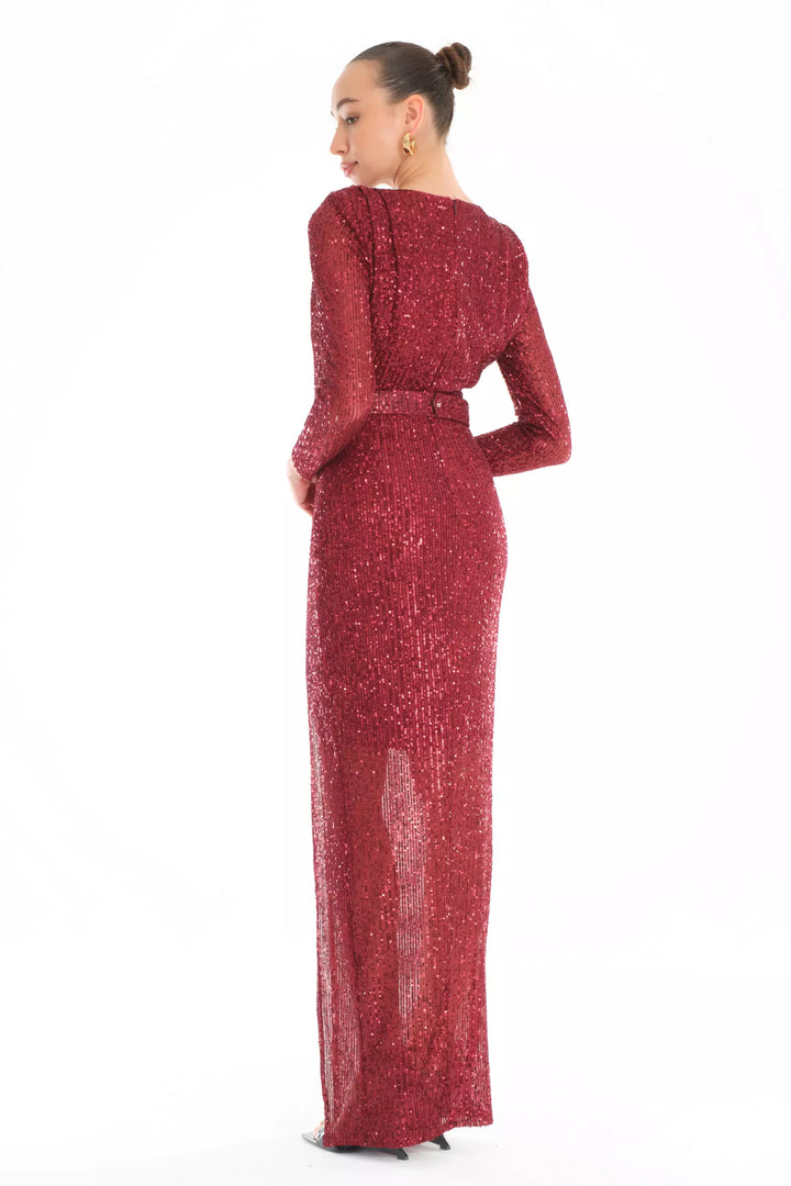 FRV Maroon stamp sequins long sleeve maxi dress - Lehrte