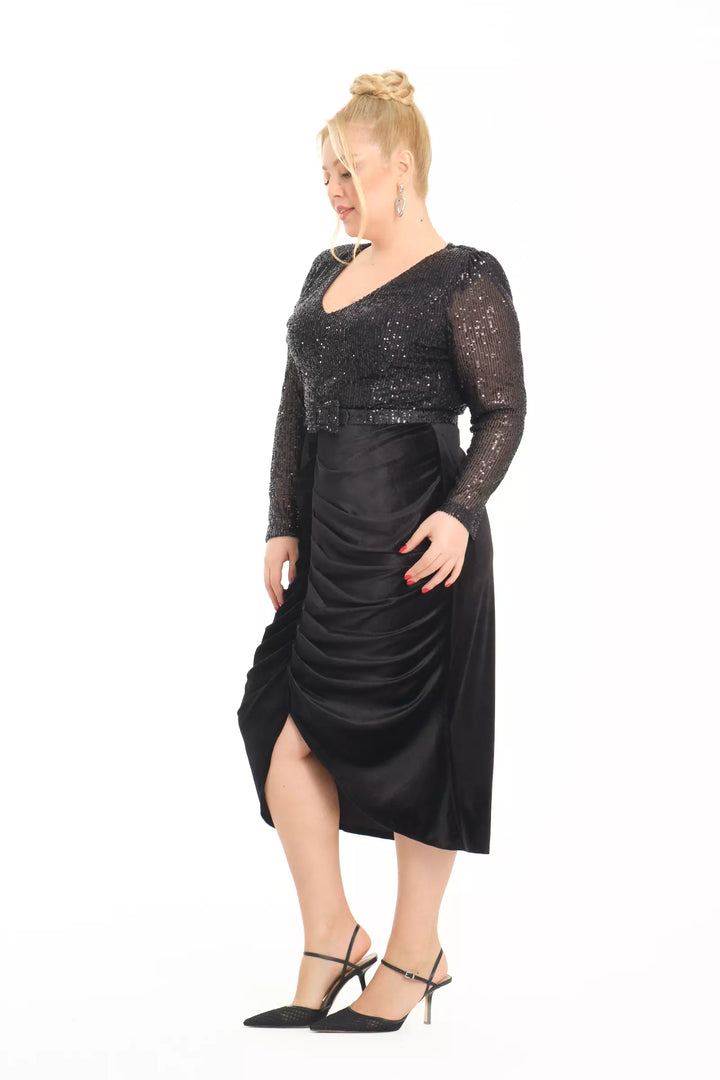 FRV Black plus size velvet long sleeve midi dress - San José Villa de Allende