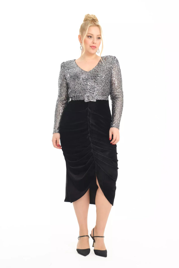 FRV Silver plus size velvet long sleeve midi dress - Sheboygan