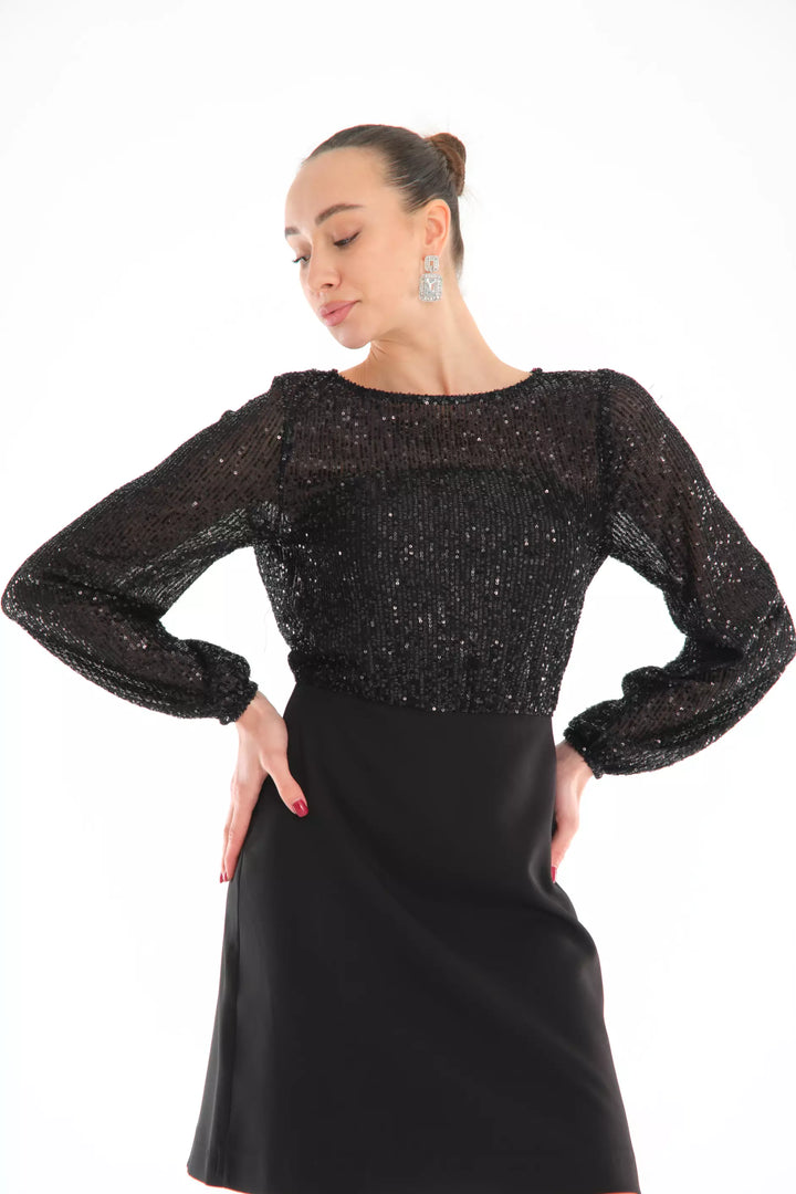 FRV Black stamp sequins long sleeve mini dress - Bunbury