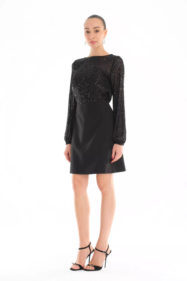 FRV Black stamp sequins long sleeve mini dress - Bunbury
