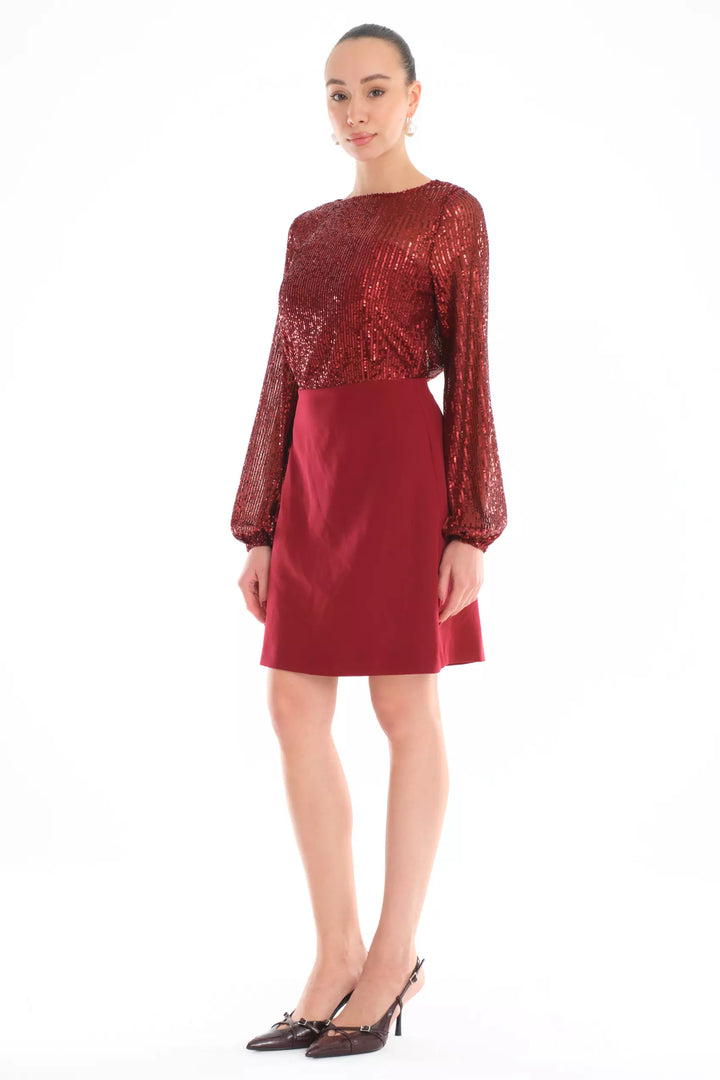FRV Maroon stamp sequins long sleeve mini dress - Urbana
