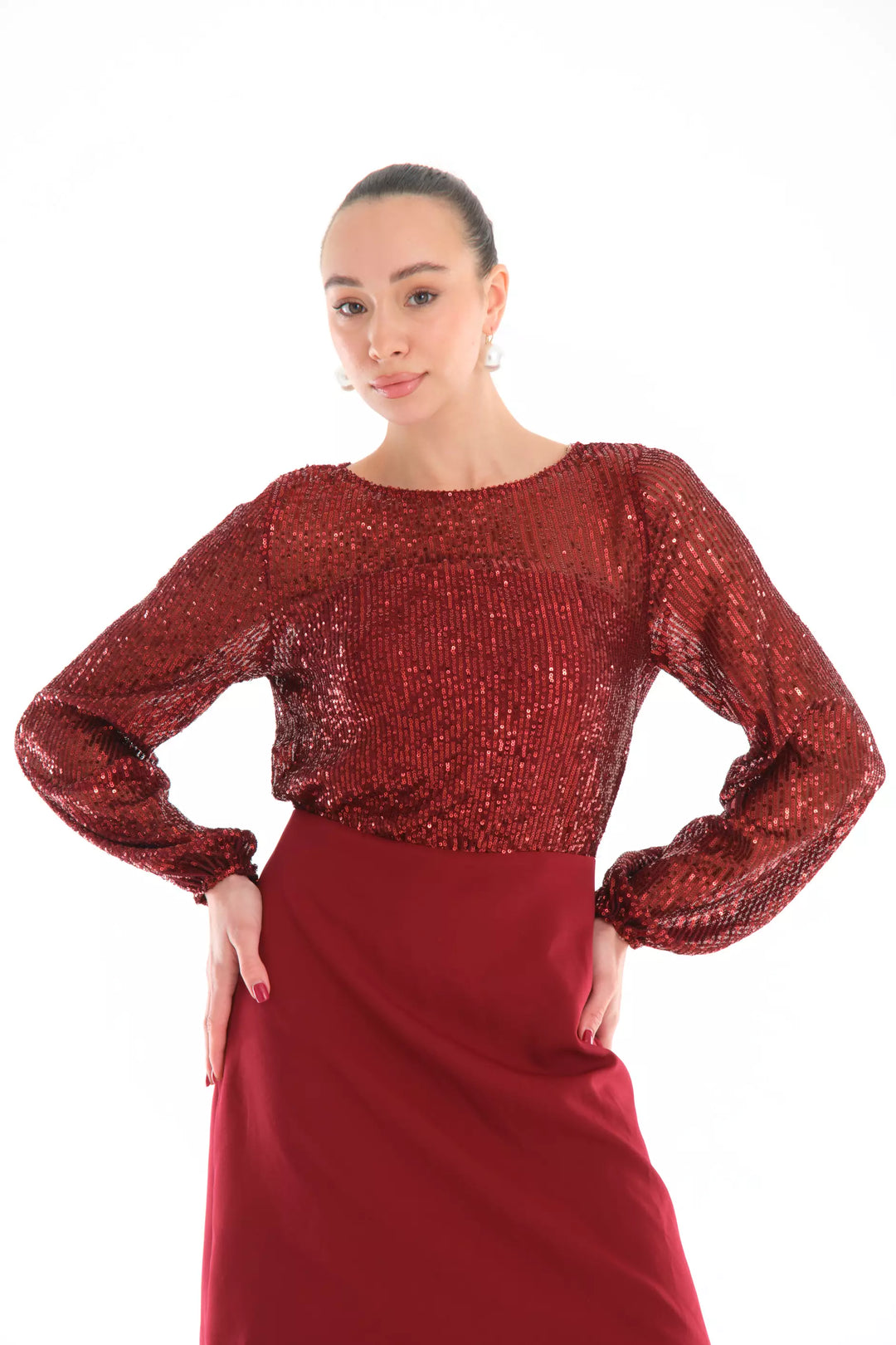 FRV Maroon stamp sequins long sleeve mini dress - Urbana