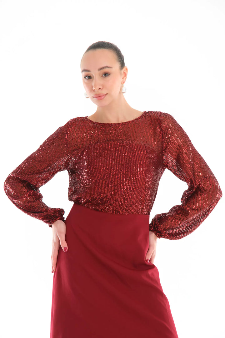 FRV Maroon stamp sequins long sleeve mini dress - Urbana