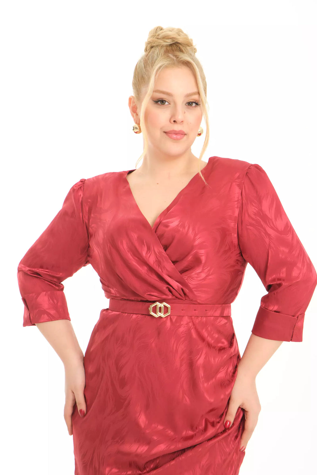 FRV Maroon plus size satin 3/4 sleeve mini dress - Lac-Brome
