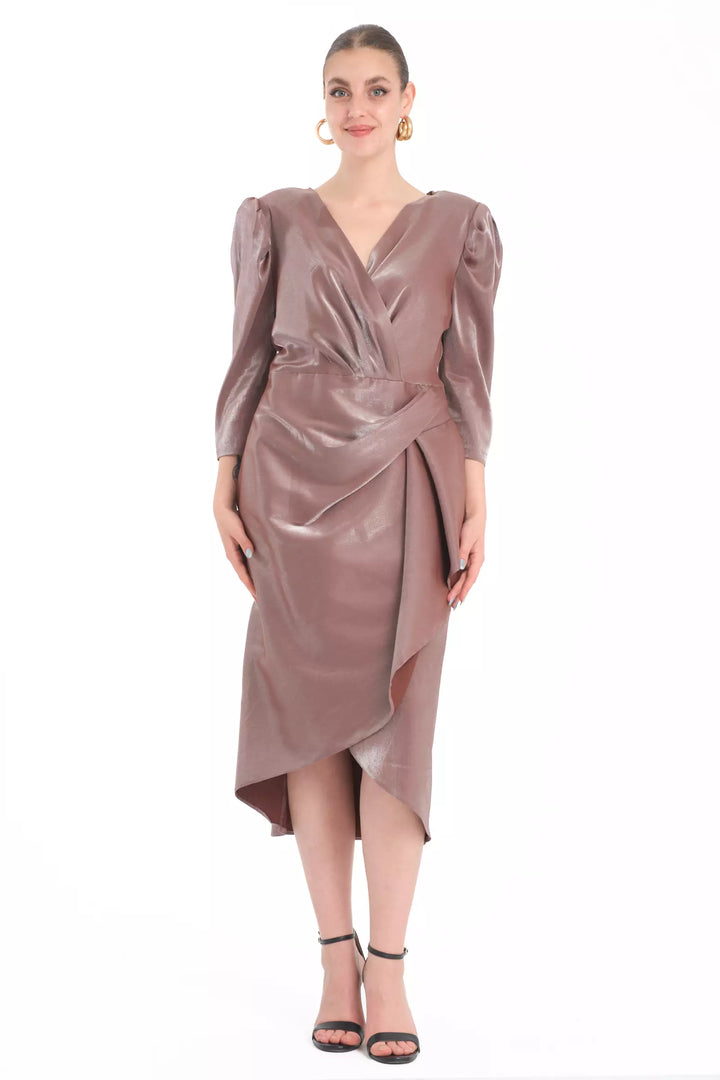 FRV Brown plus size satin 3/4 sleeve midi dress - Port Talbot