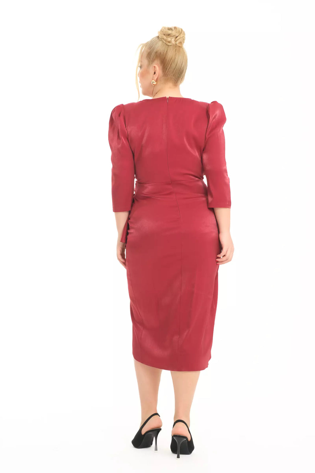 FRV Maroon plus size satin 3/4 sleeve midi dress - Lierre