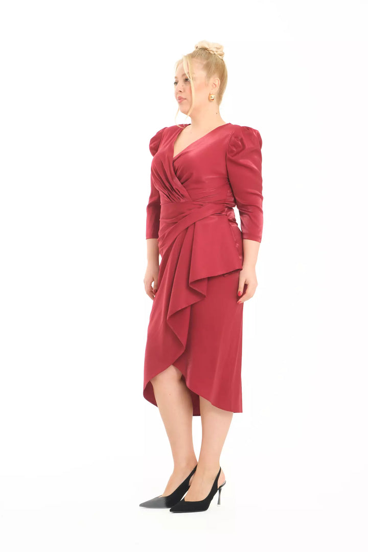 FRV Maroon plus size satin 3/4 sleeve midi dress - Lierre