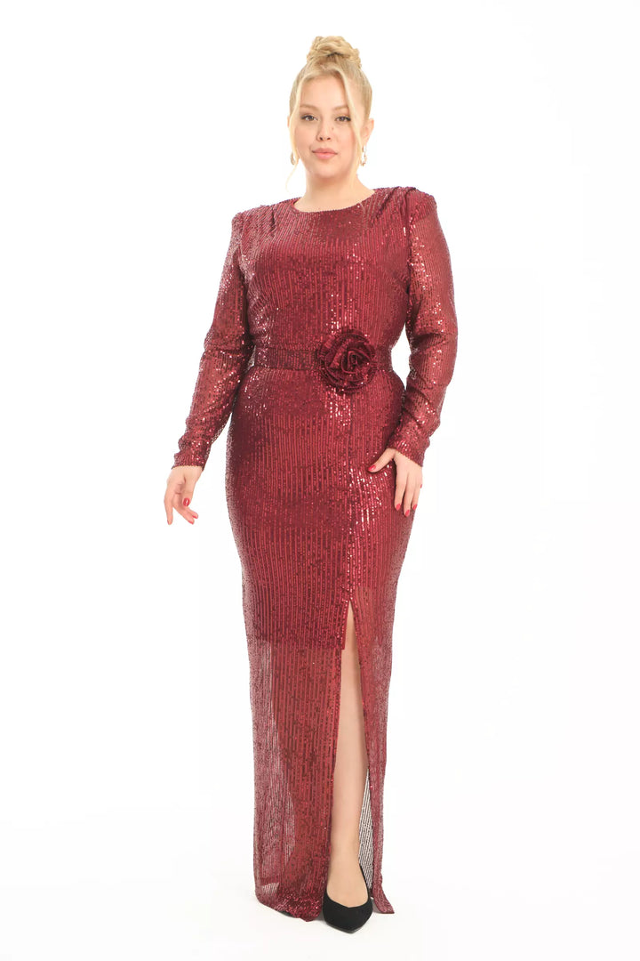 FRV Maroon plus size stamp sequins long sleeve maxi dress - Ridderkerk