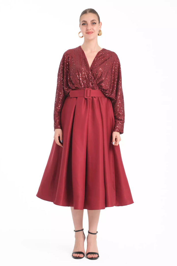FRV Maroon plus size stamp sequins sleeveless midi dress - Spring