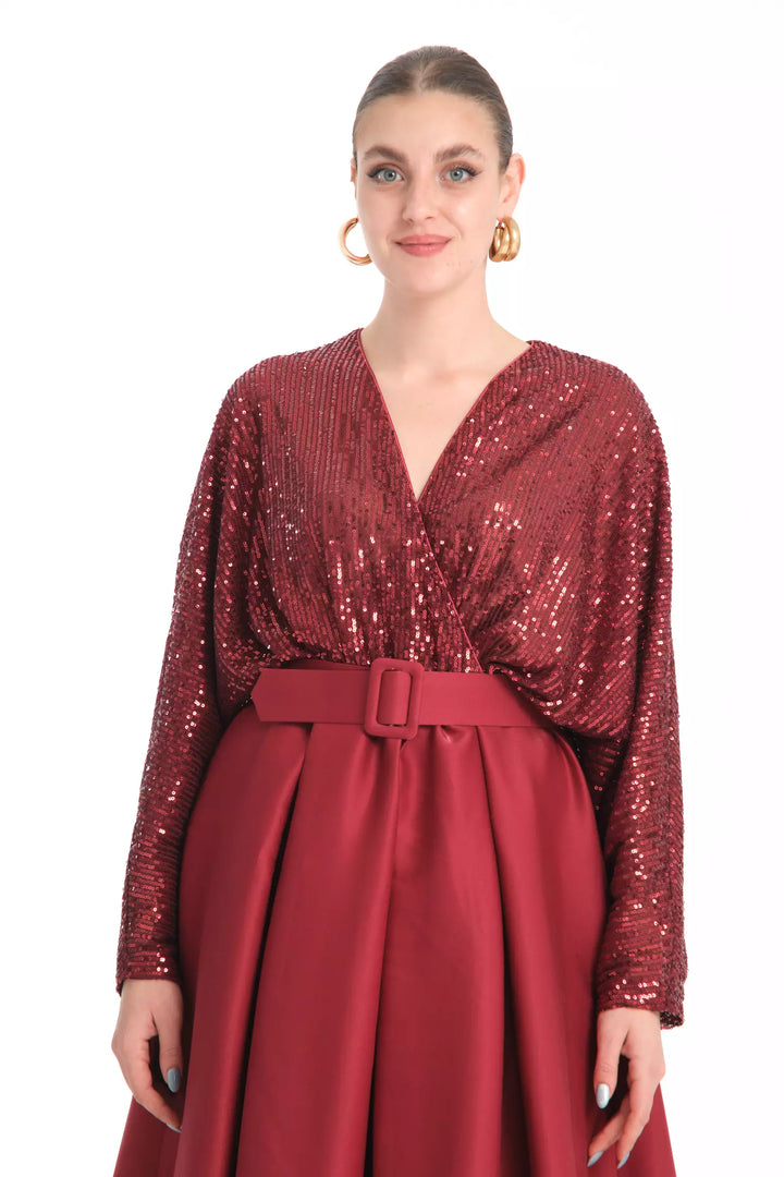FRV Maroon plus size stamp sequins sleeveless midi dress - Spring