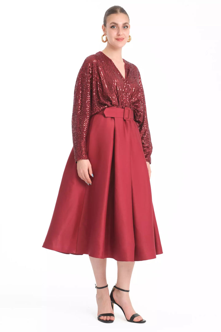 FRV Maroon plus size stamp sequins sleeveless midi dress - Spring