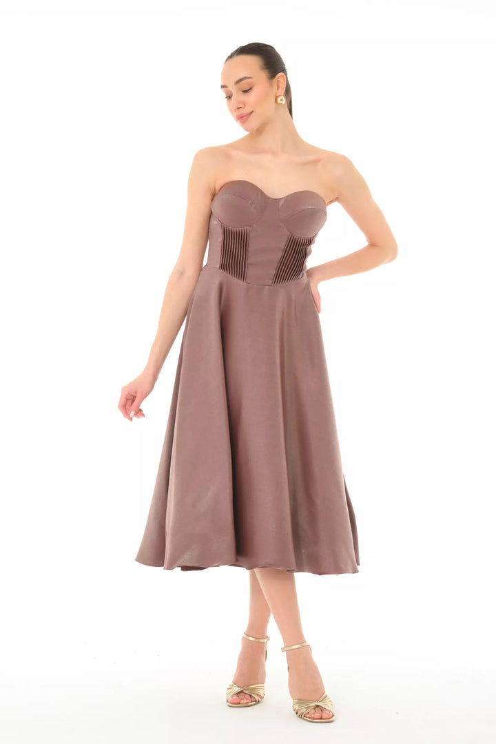 FRV Brown satin strapless midi dress - Hamilton